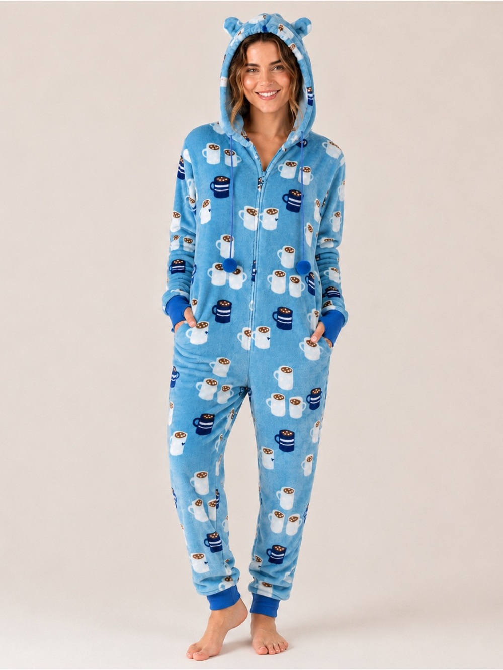 Munki Munki Womens Fleece One Piece Pajamas Hooded Cocoa Cup Print Cozy Lounge